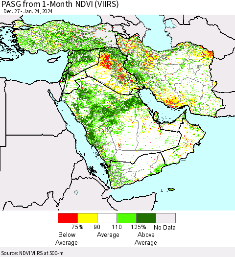 Middle East and Turkey PASG from 1-Month NDVI (VIIRS) Thematic Map For 1/17/2024 - 1/24/2024