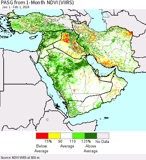 Middle East and Turkey PASG from 1-Month NDVI (VIIRS) Thematic Map For 1/25/2024 - 2/1/2024