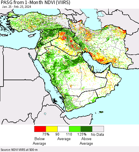 Middle East and Turkey PASG from 1-Month NDVI (VIIRS) Thematic Map For 2/18/2024 - 2/25/2024