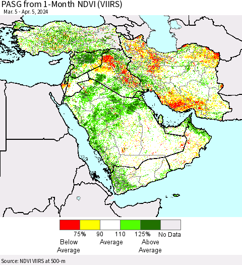 Middle East and Turkey PASG from 1-Month NDVI (VIIRS) Thematic Map For 3/29/2024 - 4/5/2024