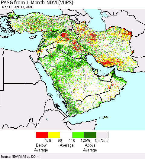 Middle East and Turkey PASG from 1-Month NDVI (VIIRS) Thematic Map For 4/6/2024 - 4/13/2024