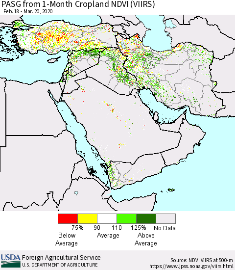 Middle East and Turkey PASG from 1-Month Cropland NDVI (VIIRS) Thematic Map For 3/11/2020 - 3/20/2020