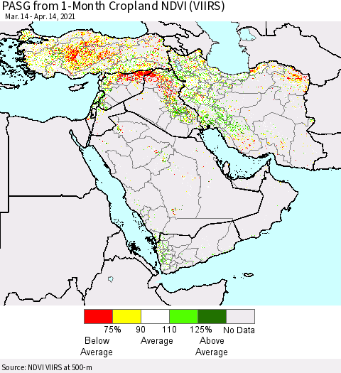 Middle East and Turkey PASG from 1-Month Cropland NDVI (VIIRS) Thematic Map For 4/7/2021 - 4/14/2021