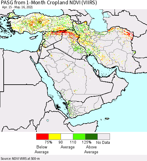 Middle East and Turkey PASG from 1-Month Cropland NDVI (VIIRS) Thematic Map For 5/9/2021 - 5/16/2021