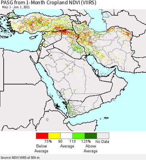 Middle East and Turkey PASG from 1-Month Cropland NDVI (VIIRS) Thematic Map For 5/25/2021 - 6/1/2021