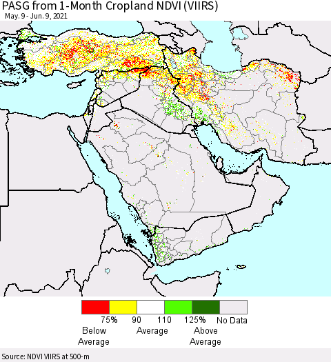 Middle East and Turkey PASG from 1-Month Cropland NDVI (VIIRS) Thematic Map For 6/2/2021 - 6/9/2021