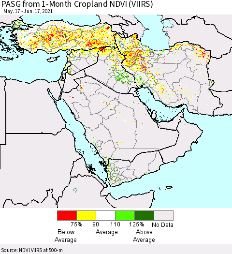 Middle East and Turkey PASG from 1-Month Cropland NDVI (VIIRS) Thematic Map For 6/10/2021 - 6/17/2021