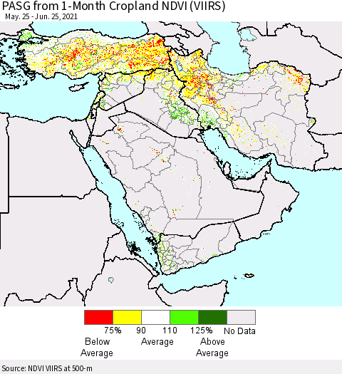 Middle East and Turkey PASG from 1-Month Cropland NDVI (VIIRS) Thematic Map For 6/18/2021 - 6/25/2021