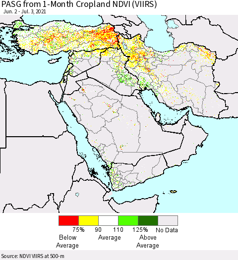 Middle East and Turkey PASG from 1-Month Cropland NDVI (VIIRS) Thematic Map For 6/26/2021 - 7/3/2021