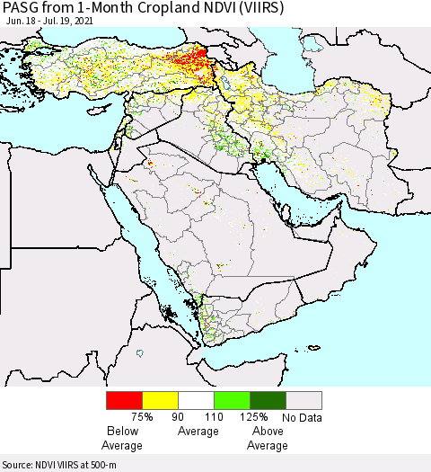 Middle East and Turkey PASG from 1-Month Cropland NDVI (VIIRS) Thematic Map For 7/12/2021 - 7/19/2021