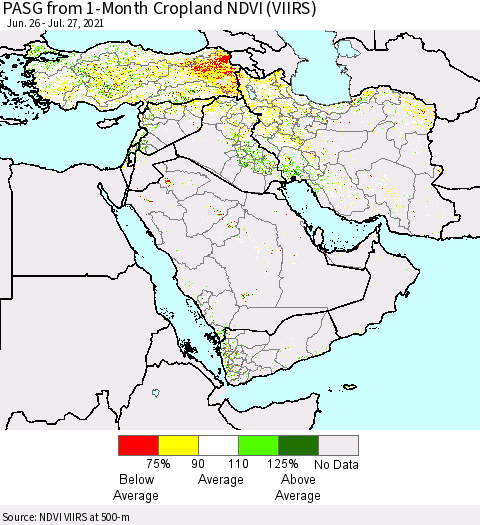 Middle East and Turkey PASG from 1-Month Cropland NDVI (VIIRS) Thematic Map For 7/20/2021 - 7/27/2021