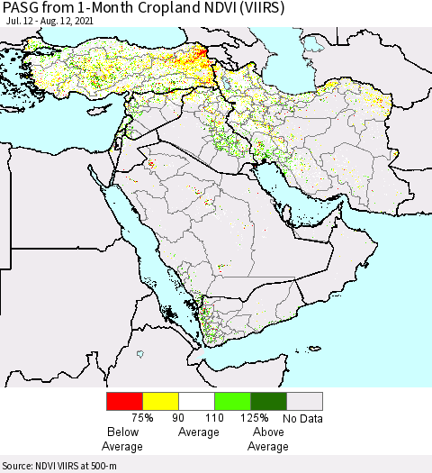 Middle East and Turkey PASG from 1-Month Cropland NDVI (VIIRS) Thematic Map For 8/5/2021 - 8/12/2021