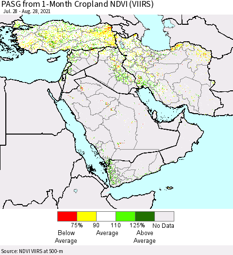Middle East and Turkey PASG from 1-Month Cropland NDVI (VIIRS) Thematic Map For 8/21/2021 - 8/28/2021