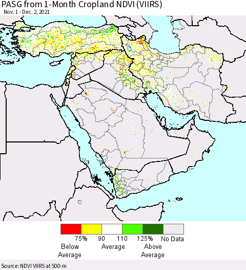 Middle East and Turkey PASG from 1-Month Cropland NDVI (VIIRS) Thematic Map For 11/25/2021 - 12/2/2021
