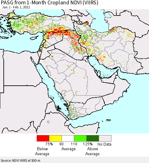 Middle East and Turkey PASG from 1-Month Cropland NDVI (VIIRS) Thematic Map For 1/25/2022 - 2/1/2022