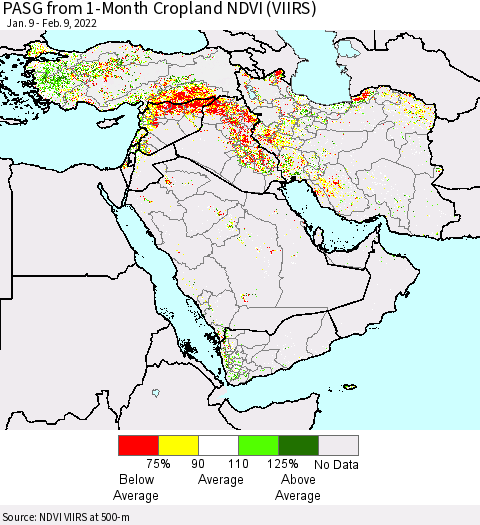 Middle East and Turkey PASG from 1-Month Cropland NDVI (VIIRS) Thematic Map For 2/2/2022 - 2/9/2022