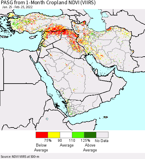 Middle East and Turkey PASG from 1-Month Cropland NDVI (VIIRS) Thematic Map For 2/18/2022 - 2/25/2022