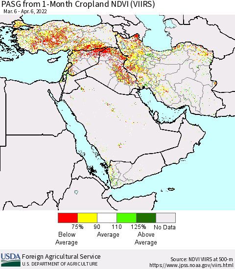 Middle East and Turkey PASG from 1-Month Cropland NDVI (VIIRS) Thematic Map For 4/1/2022 - 4/10/2022