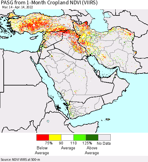 Middle East and Turkey PASG from 1-Month Cropland NDVI (VIIRS) Thematic Map For 4/7/2022 - 4/14/2022