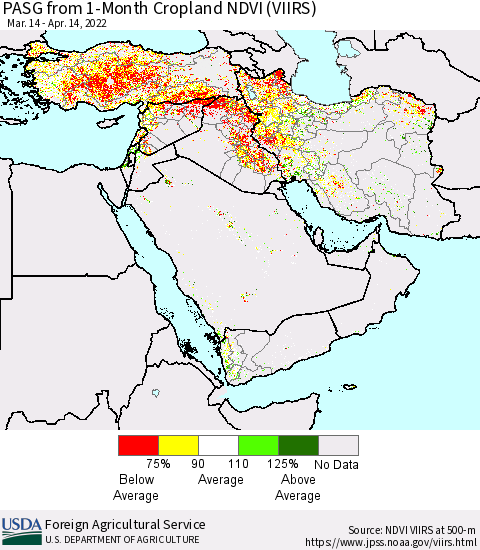 Middle East and Turkey PASG from 1-Month Cropland NDVI (VIIRS) Thematic Map For 4/11/2022 - 4/20/2022