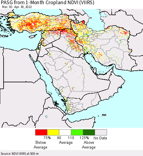 Middle East and Turkey PASG from 1-Month Cropland NDVI (VIIRS) Thematic Map For 4/21/2022 - 4/30/2022