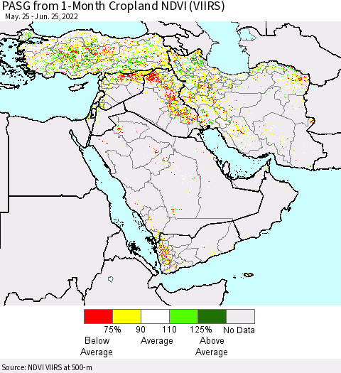 Middle East and Turkey PASG from 1-Month Cropland NDVI (VIIRS) Thematic Map For 6/18/2022 - 6/25/2022