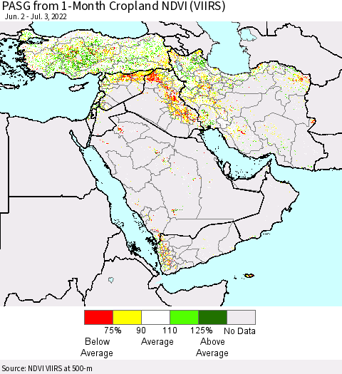 Middle East and Turkey PASG from 1-Month Cropland NDVI (VIIRS) Thematic Map For 6/26/2022 - 7/3/2022