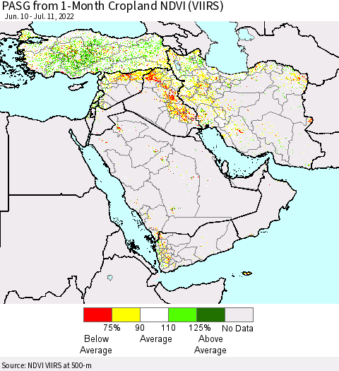 Middle East and Turkey PASG from 1-Month Cropland NDVI (VIIRS) Thematic Map For 7/4/2022 - 7/11/2022