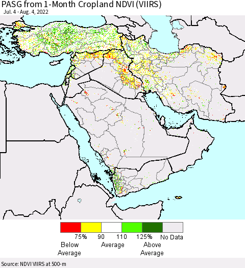 Middle East and Turkey PASG from 1-Month Cropland NDVI (VIIRS) Thematic Map For 7/28/2022 - 8/4/2022