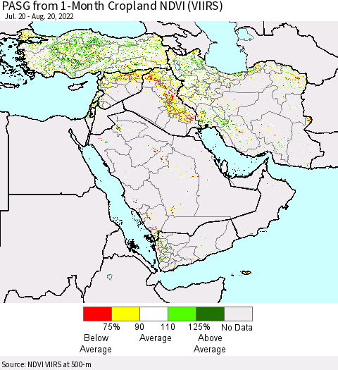 Middle East and Turkey PASG from 1-Month Cropland NDVI (VIIRS) Thematic Map For 8/13/2022 - 8/20/2022