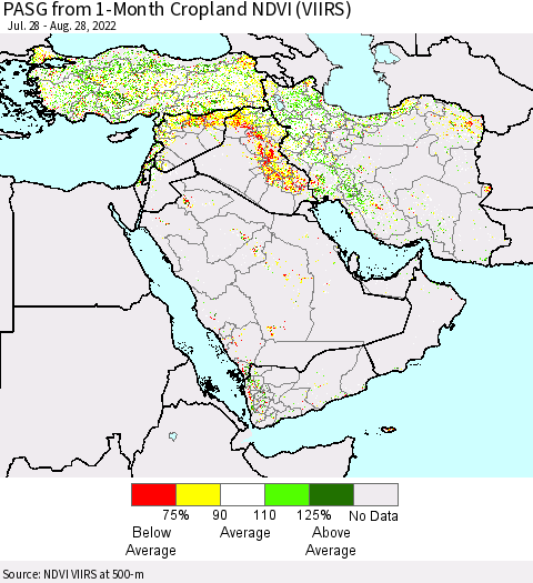 Middle East and Turkey PASG from 1-Month Cropland NDVI (VIIRS) Thematic Map For 8/21/2022 - 8/28/2022