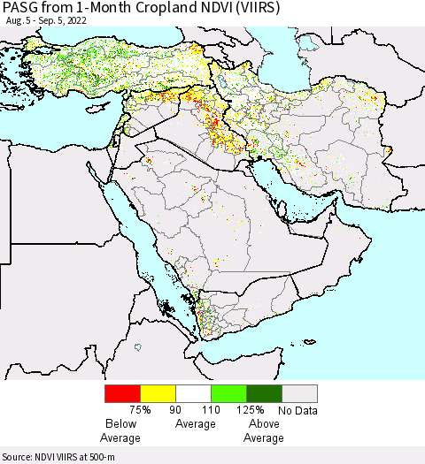 Middle East and Turkey PASG from 1-Month Cropland NDVI (VIIRS) Thematic Map For 8/29/2022 - 9/5/2022