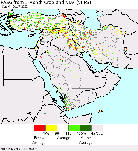 Middle East and Turkey PASG from 1-Month Cropland NDVI (VIIRS) Thematic Map For 9/30/2022 - 10/7/2022
