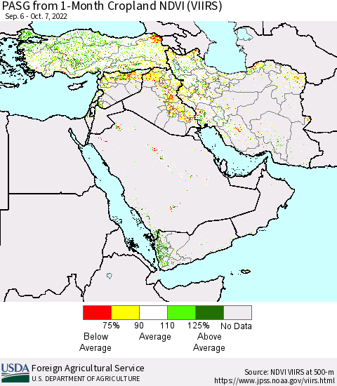 Middle East and Turkey PASG from 1-Month Cropland NDVI (VIIRS) Thematic Map For 10/1/2022 - 10/10/2022