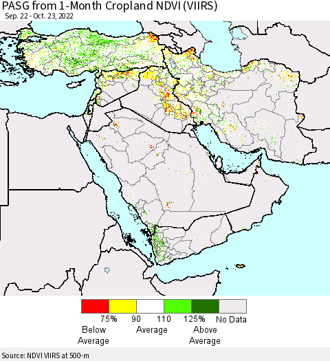 Middle East and Turkey PASG from 1-Month Cropland NDVI (VIIRS) Thematic Map For 10/16/2022 - 10/23/2022