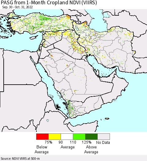 Middle East and Turkey PASG from 1-Month Cropland NDVI (VIIRS) Thematic Map For 10/21/2022 - 10/31/2022