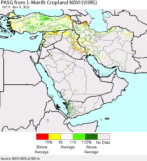 Middle East and Turkey PASG from 1-Month Cropland NDVI (VIIRS) Thematic Map For 11/1/2022 - 11/8/2022