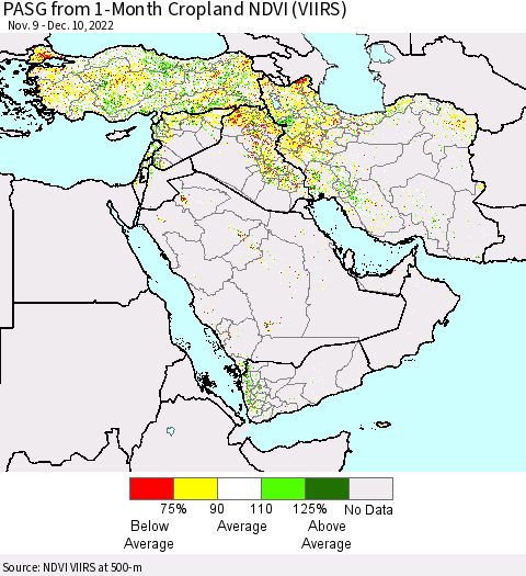 Middle East and Turkey PASG from 1-Month Cropland NDVI (VIIRS) Thematic Map For 12/1/2022 - 12/10/2022