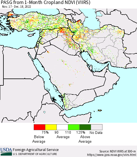 Middle East and Turkey PASG from 1-Month Cropland NDVI (VIIRS) Thematic Map For 12/11/2022 - 12/20/2022