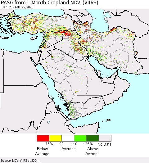 Middle East and Turkey PASG from 1-Month Cropland NDVI (VIIRS) Thematic Map For 2/18/2023 - 2/25/2023
