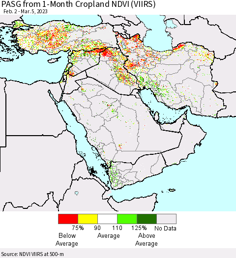 Middle East and Turkey PASG from 1-Month Cropland NDVI (VIIRS) Thematic Map For 2/26/2023 - 3/5/2023