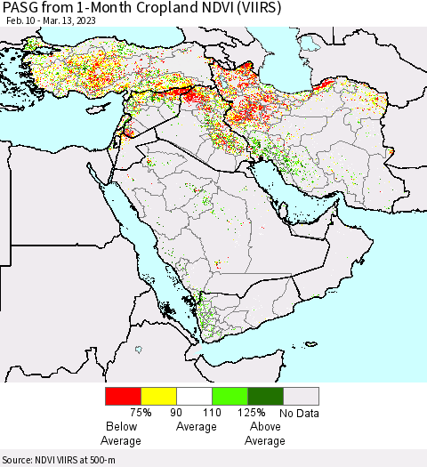 Middle East and Turkey PASG from 1-Month Cropland NDVI (VIIRS) Thematic Map For 3/6/2023 - 3/13/2023
