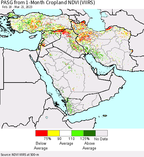 Middle East and Turkey PASG from 1-Month Cropland NDVI (VIIRS) Thematic Map For 3/14/2023 - 3/21/2023