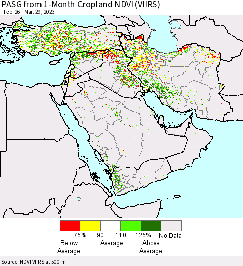 Middle East and Turkey PASG from 1-Month Cropland NDVI (VIIRS) Thematic Map For 3/22/2023 - 3/29/2023