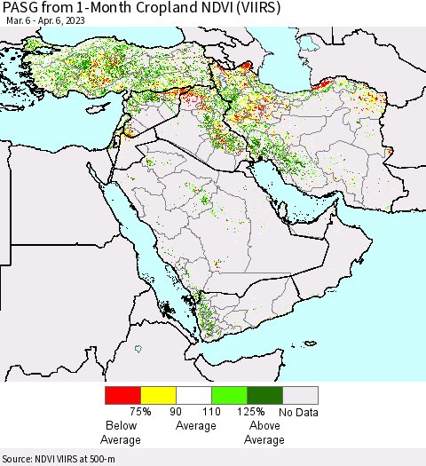 Middle East and Turkey PASG from 1-Month Cropland NDVI (VIIRS) Thematic Map For 3/30/2023 - 4/6/2023