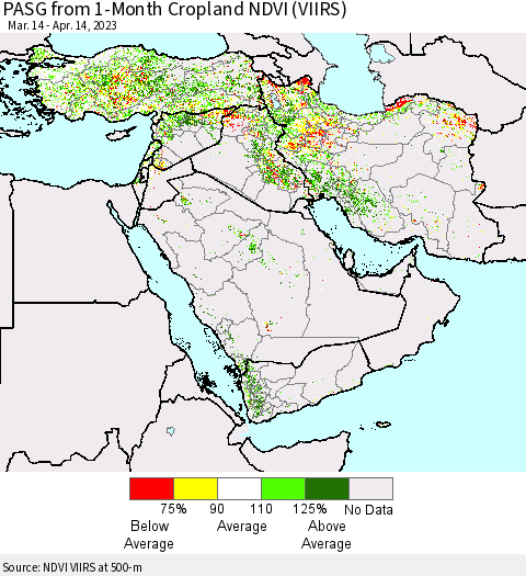 Middle East and Turkey PASG from 1-Month Cropland NDVI (VIIRS) Thematic Map For 4/7/2023 - 4/14/2023