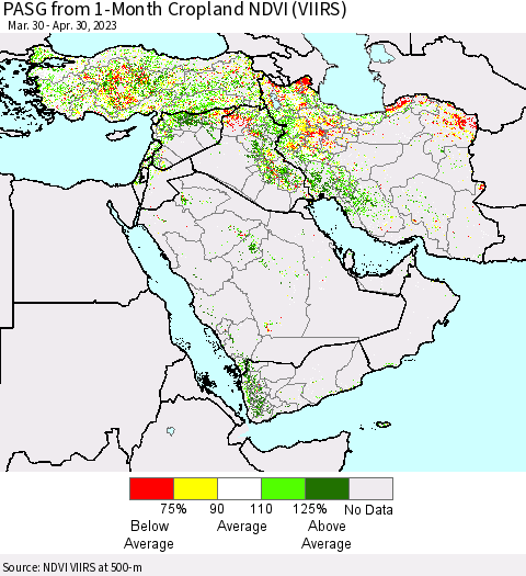 Middle East and Turkey PASG from 1-Month Cropland NDVI (VIIRS) Thematic Map For 4/23/2023 - 4/30/2023