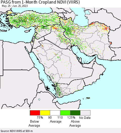 Middle East and Turkey PASG from 1-Month Cropland NDVI (VIIRS) Thematic Map For 6/18/2023 - 6/25/2023