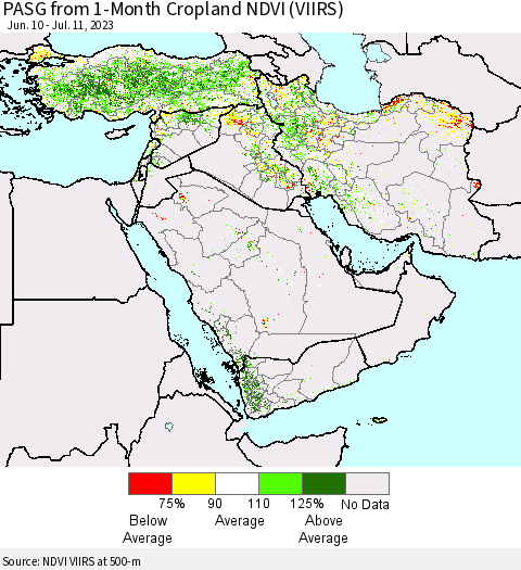 Middle East and Turkey PASG from 1-Month Cropland NDVI (VIIRS) Thematic Map For 7/4/2023 - 7/11/2023