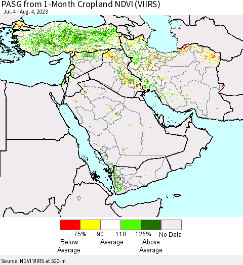 Middle East and Turkey PASG from 1-Month Cropland NDVI (VIIRS) Thematic Map For 7/28/2023 - 8/4/2023